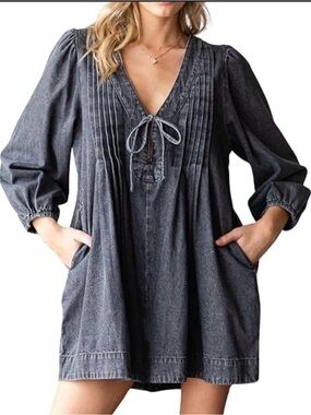 Veveret Washed Black Denim Tunic Romper with Pockets